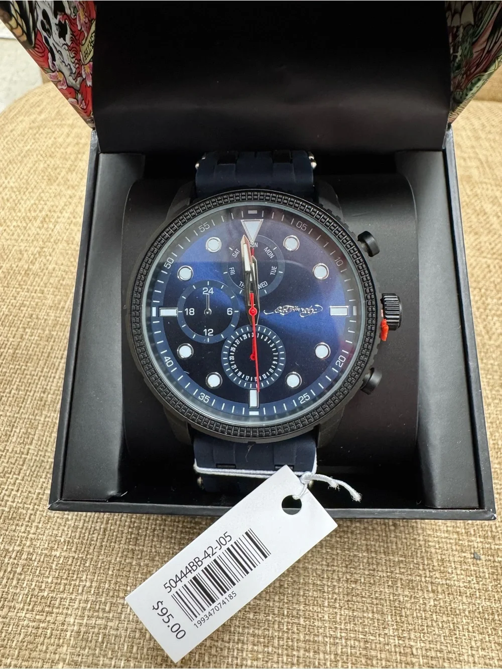 Ed Hardy Men’s Quartz Blue Dial Watch Black Metal Case Blue Rubber Strap Box